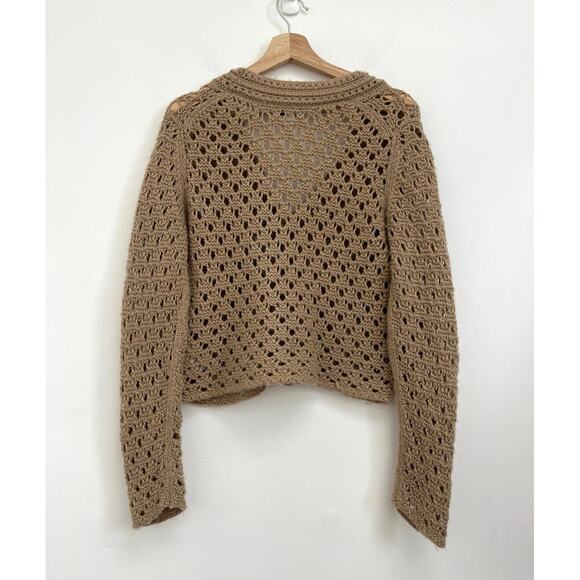 VINCE. Crochet Open Knit Wool Cashmere Luxury Cardigan Amber Light - Medium - Picture 2 of 10